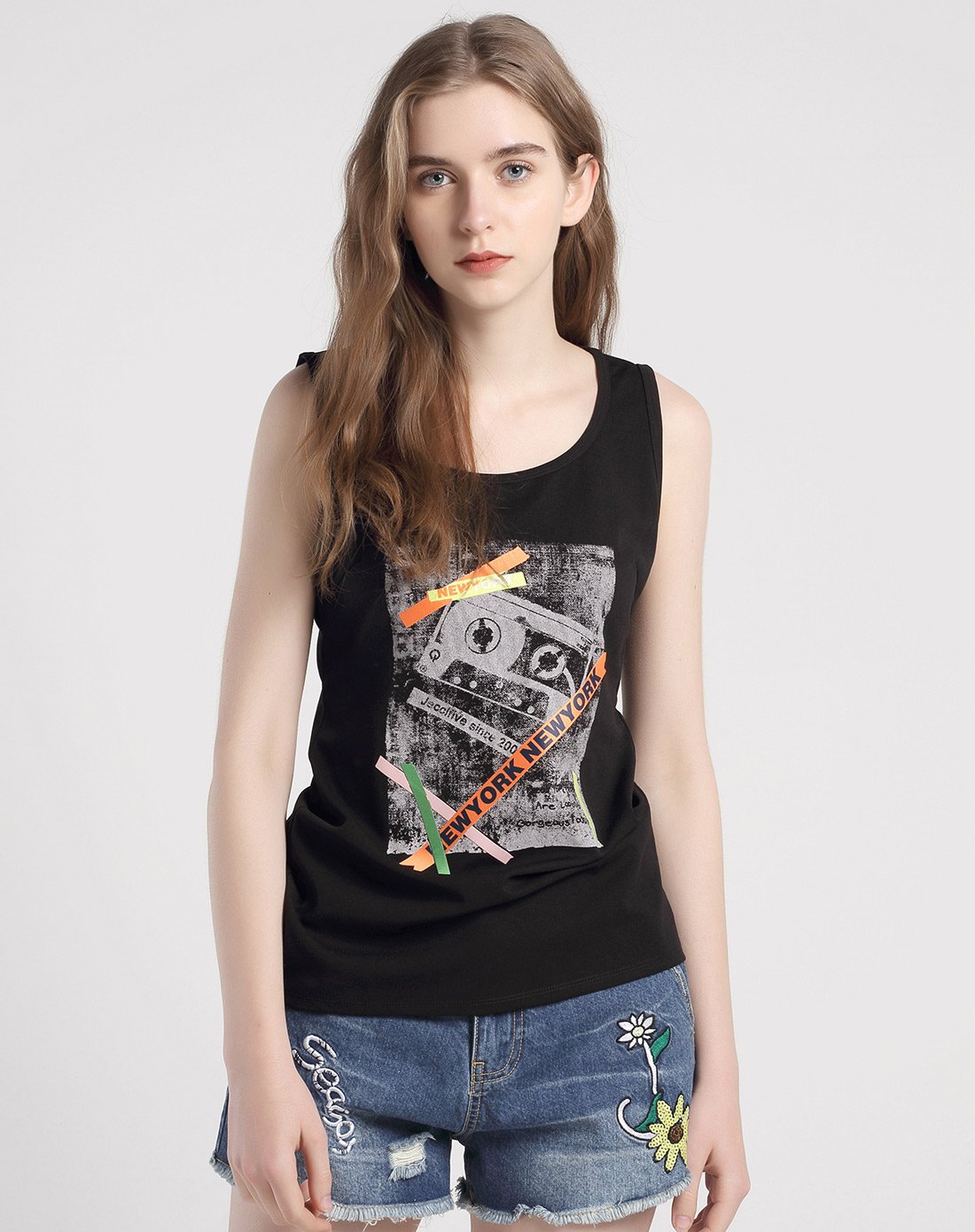 复古街头印花背心圆领女士无袖上衣