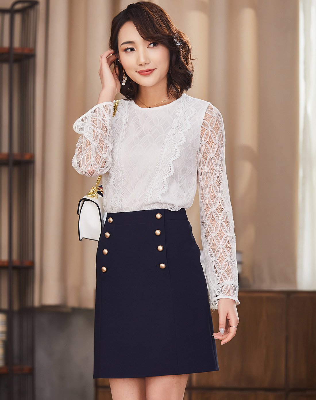 法曼斯 2018春夏新款复古金属扣简约通勤双排金属扣小a字裙半身裙小a