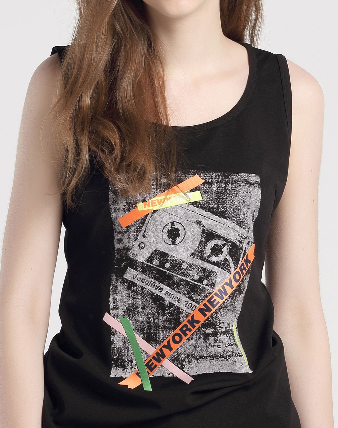 复古街头印花背心圆领女士无袖上衣