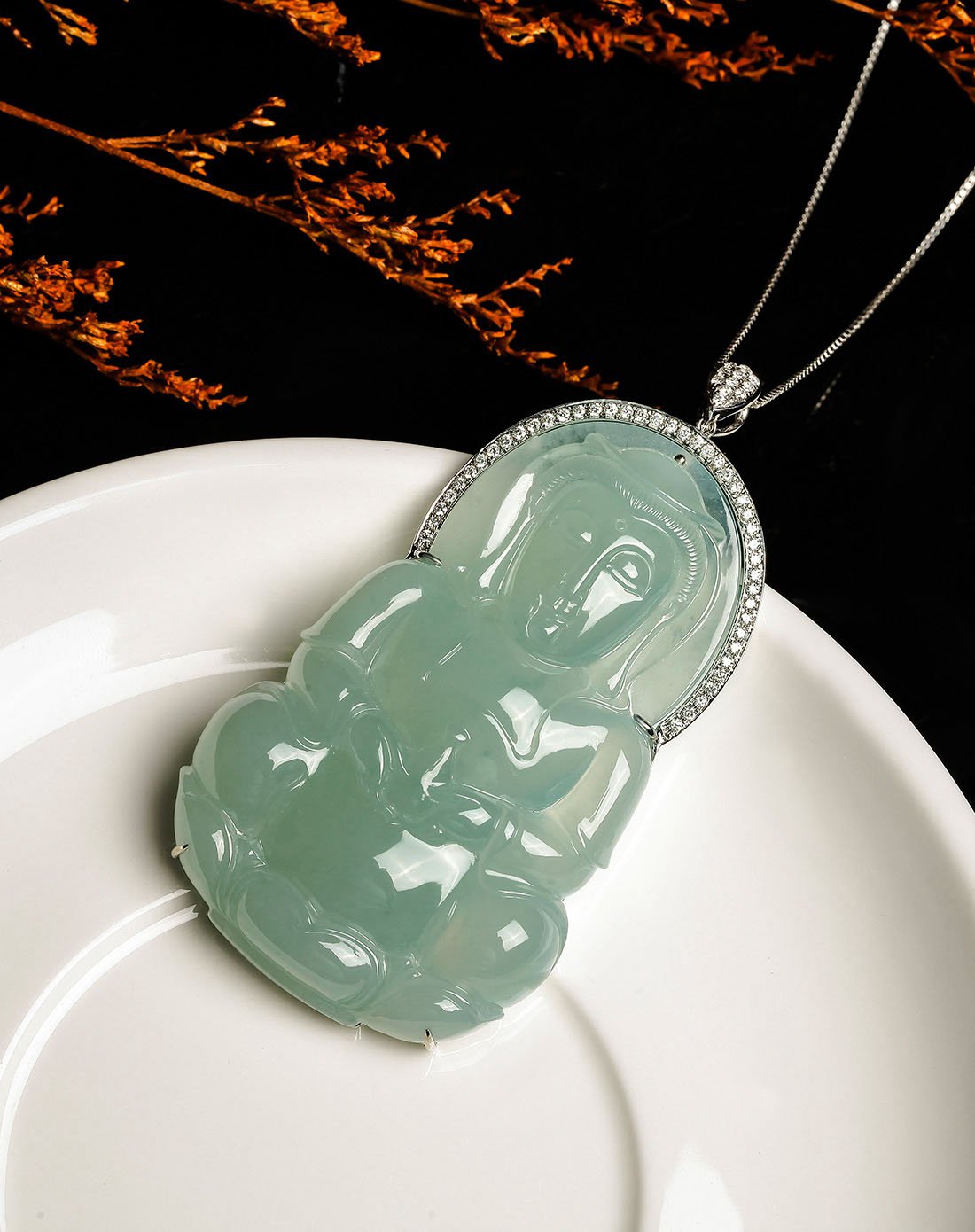 东方翡翠 收藏级18k金镶钻石芙蓉种观音天然a货翡翠吊坠/翡翠观音/玉