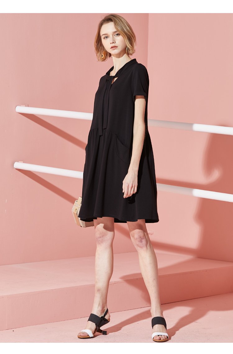 恩瑞妮enruini2018夏新款 时尚宽松气质系带休闲百搭短袖连衣裙