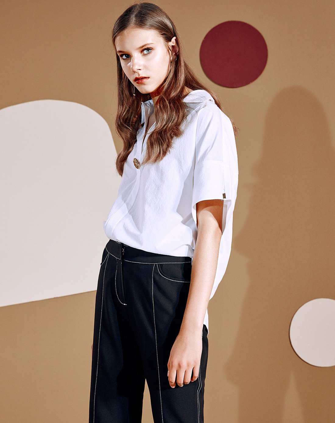 f by eva女装预售专场时尚纯色卷边衬衫短袖724ac9579bs_唯品会