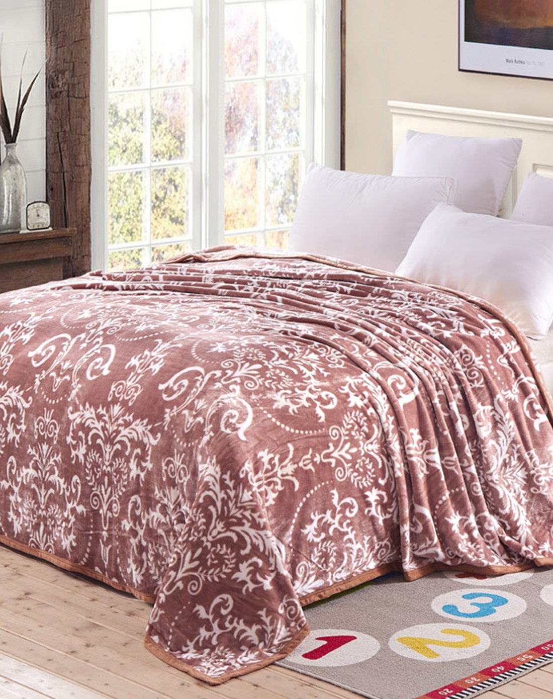 加厚云貂绒包边毛毯-欧式风情咖