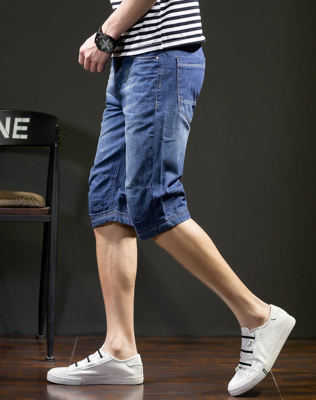 男牛仔水洗六分裤