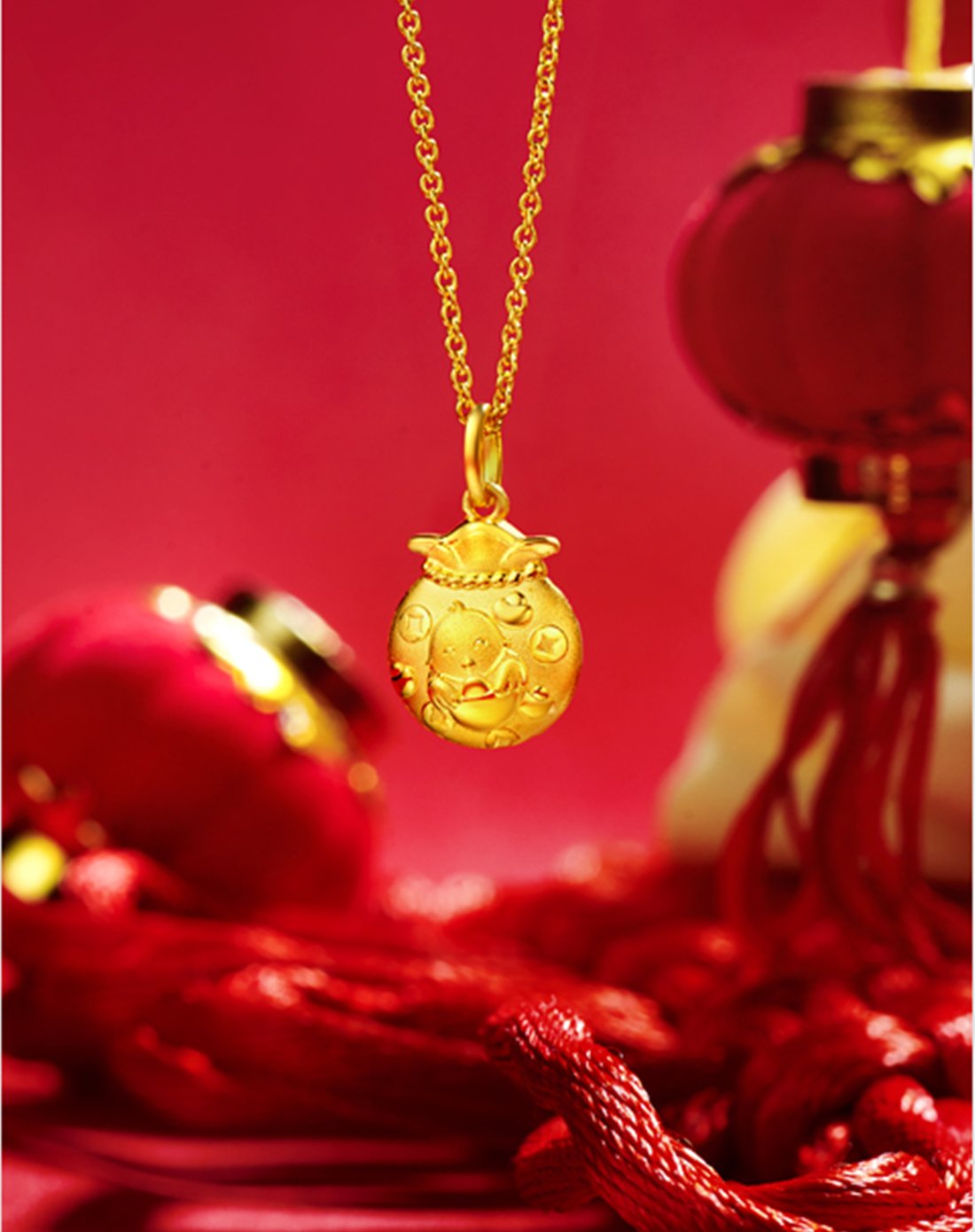 周大福【旗舰店】 十二生肖鸡 福袋足金黄金吊坠