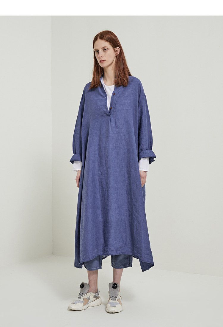 舒适透气亚麻显瘦气质长款衬衫式女连衣裙
