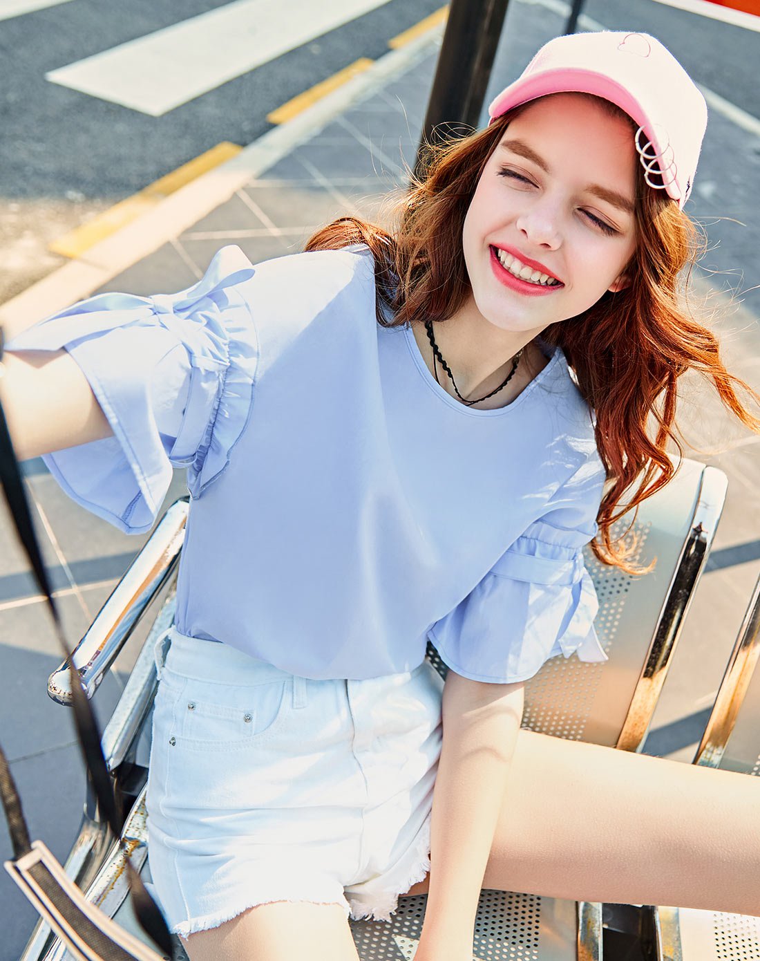 休闲连衣袖抽褶雪纺衫