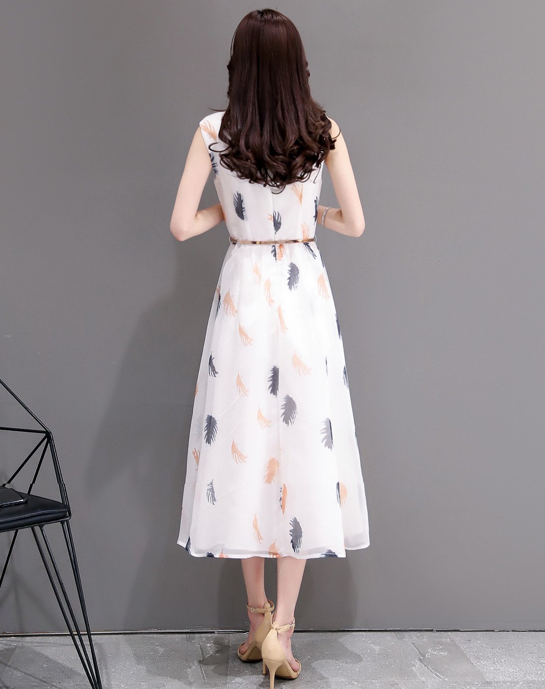 【2018夏新款】女士圆领印花无袖收腰气质高腰显瘦中长款气质连衣裙