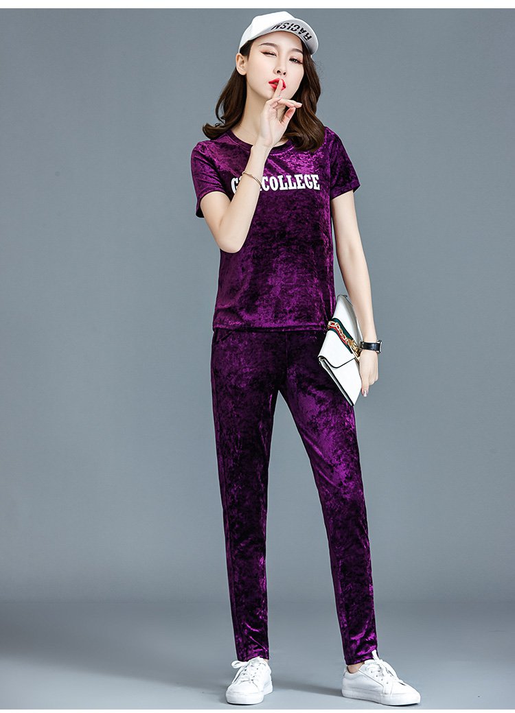 gym夏季时尚女款韩版修身金丝绒休闲运动套装女短袖t恤套装