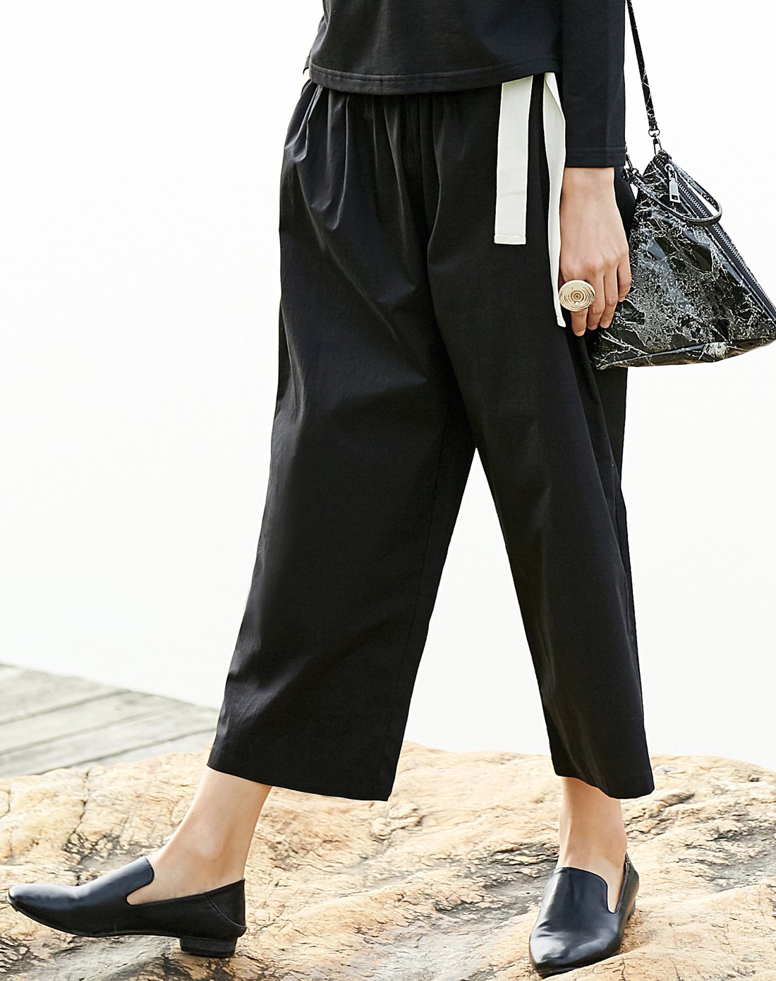 东方极简时尚修身纯棉高腰九分阔腿裤女款宽松休闲裤