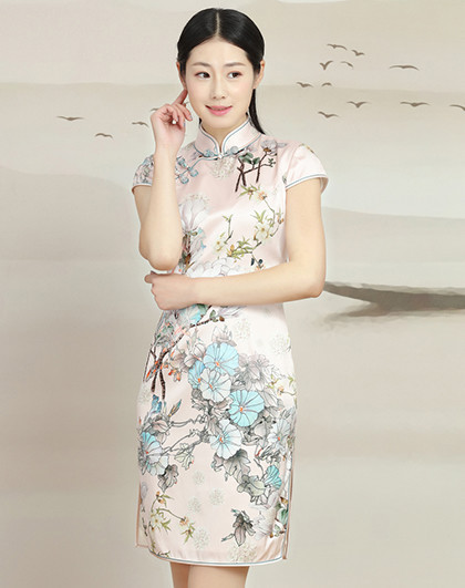 女款葫芦扣印花真丝旗袍