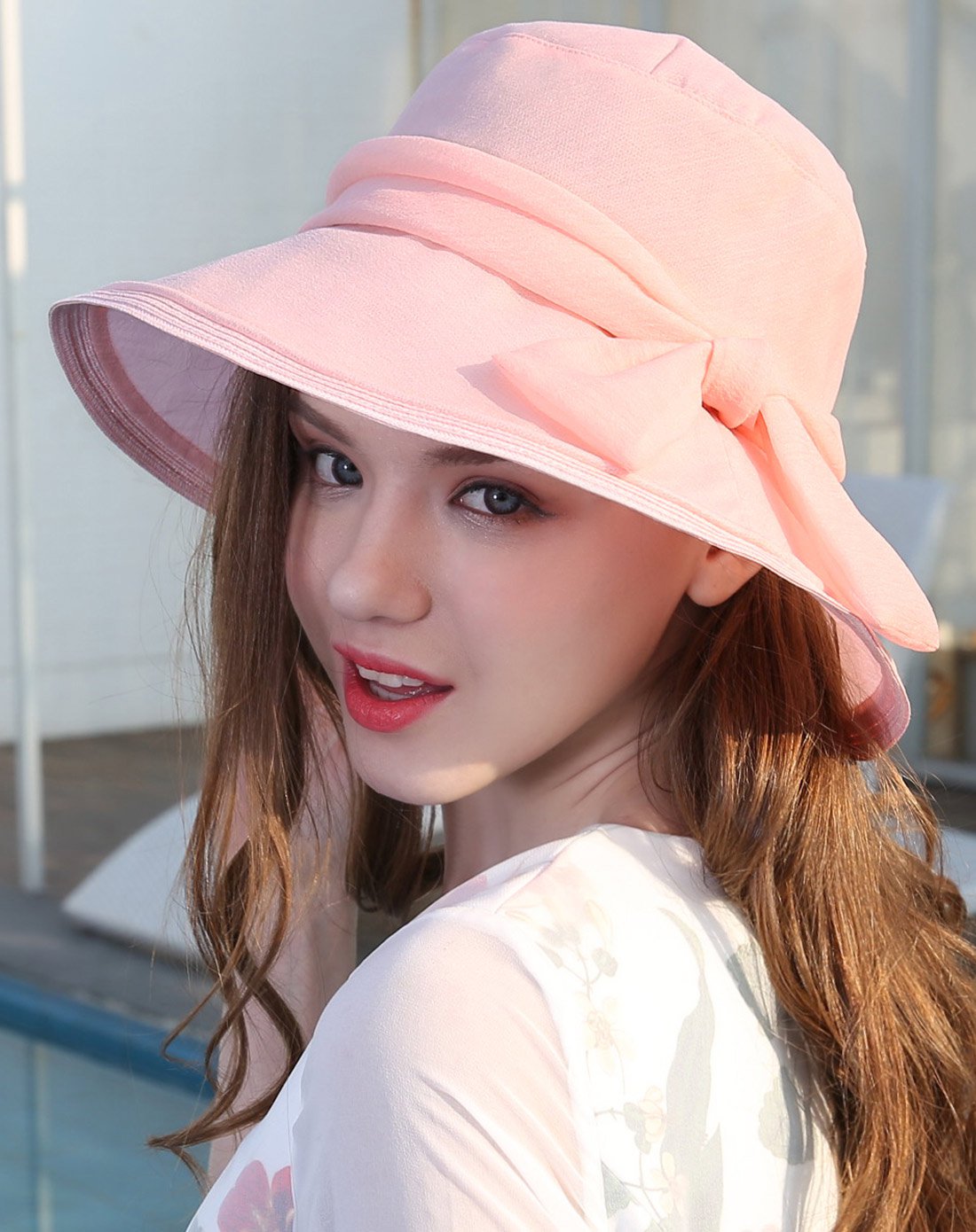 夏季帽子女日系文雅休闲度假风手工蝶结大檐防晒遮阳布帽