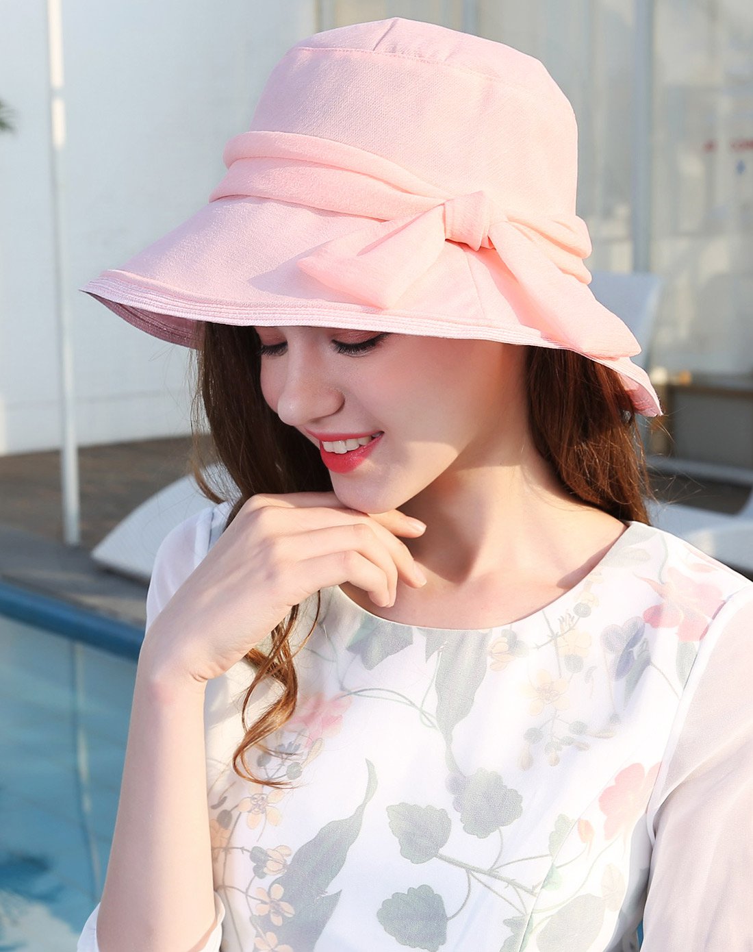 夏季帽子女日系文雅休闲度假风手工蝶结大檐防晒遮阳布帽
