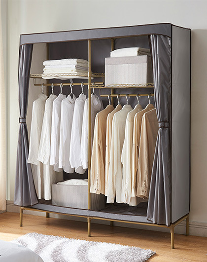 可刷洗牛津布加粗管径拉帘门双层双挂杆大衣柜