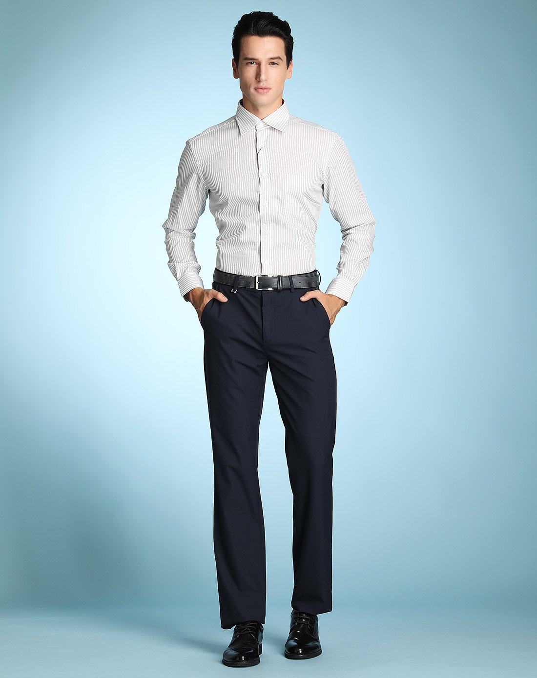 全棉面料条纹时尚带口袋男士长袖正装衬衫