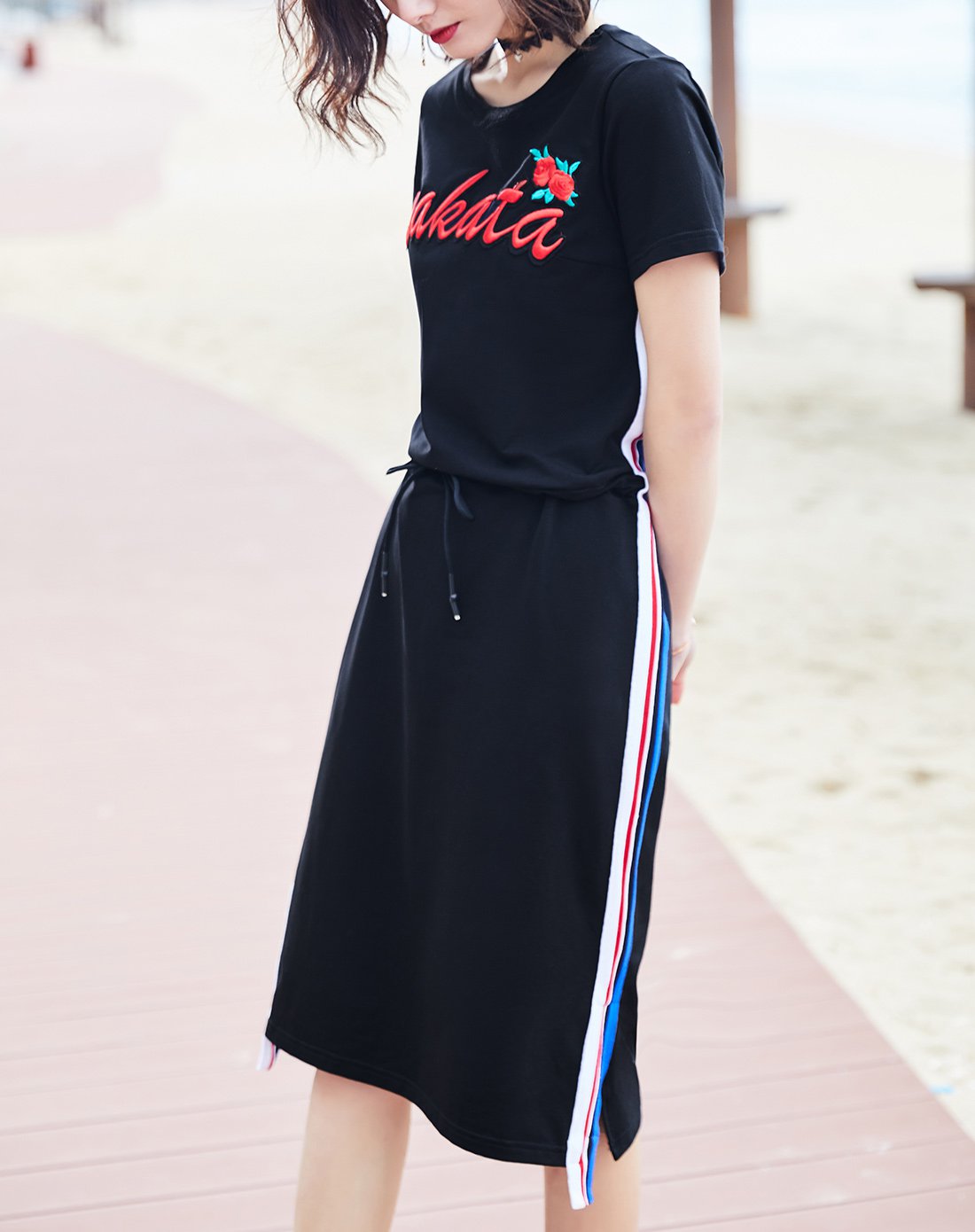 2018夏季新款个性撞色女装连衣裙春夏秋装百搭运动休闲针织裙系带收腰