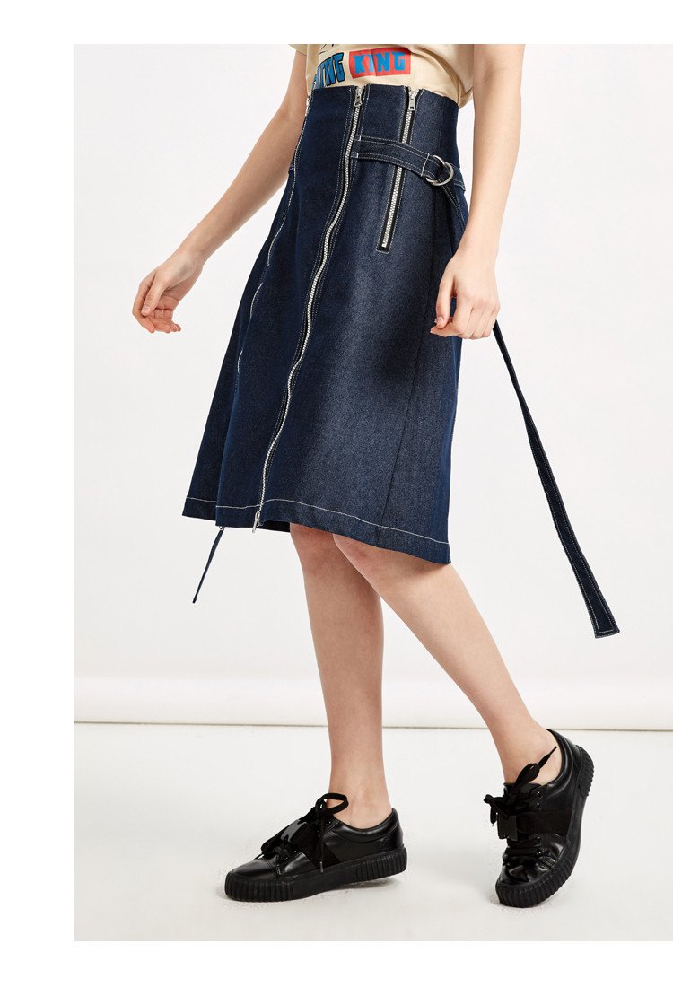 牛仔半身裙太平鸟女装2018夏装新款高腰中长款a字裙飘带拉链中裙