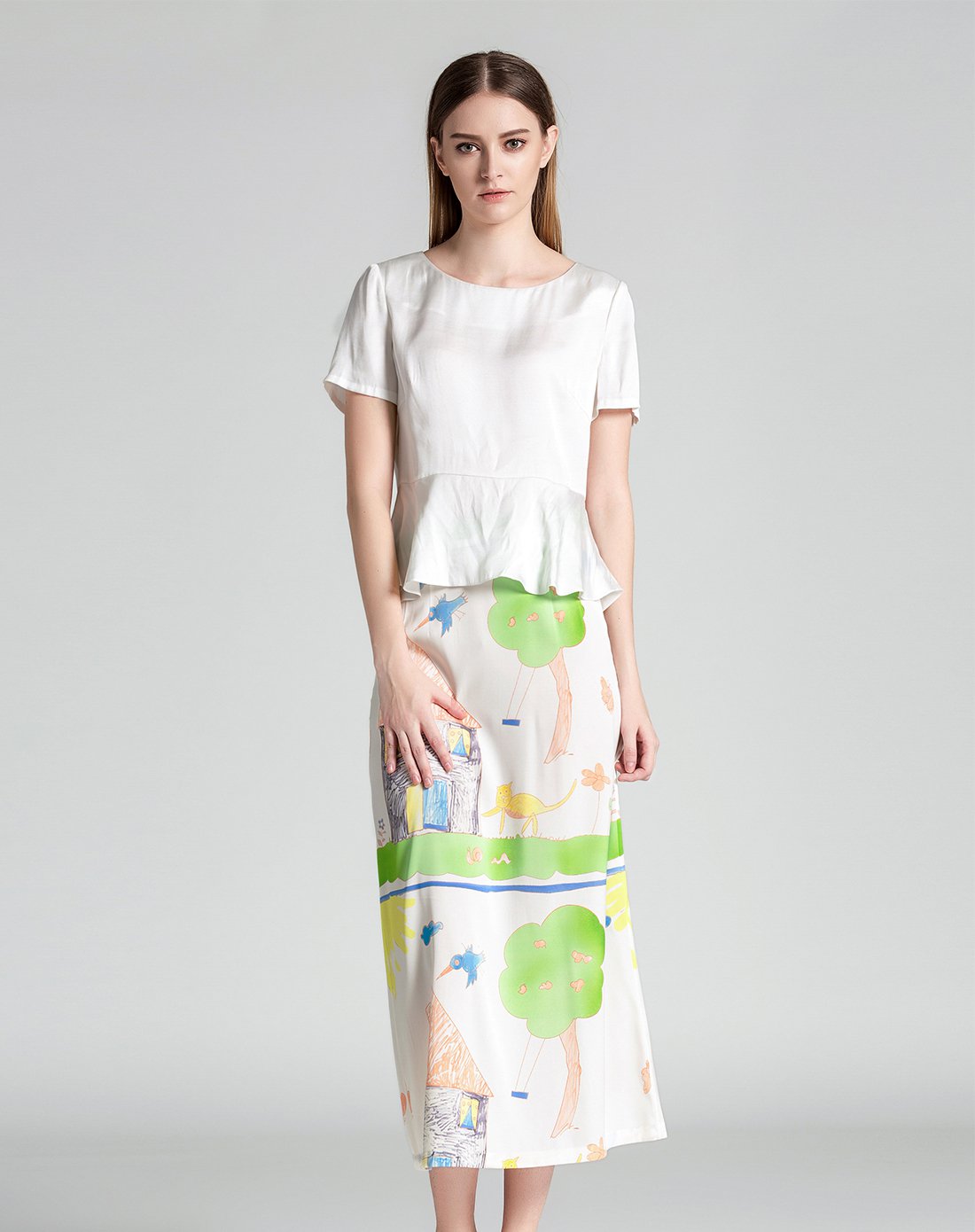 真丝双乔印花半裙女长款直筒桑蚕丝半身裙