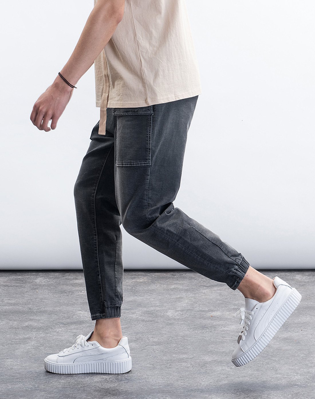 潮牌【抗皱弹力】锥形裤个性大口袋小脚口旧色洗水男士牛仔裤