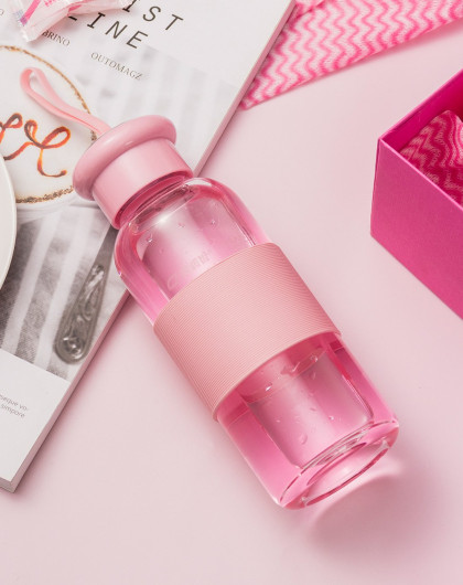 360ml粉色高硼硅玻璃杯便携户外水杯 茶杯带盖带环随手杯