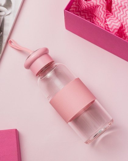 360ml粉色高硼硅玻璃杯便携户外水杯 茶杯带盖带环随手杯