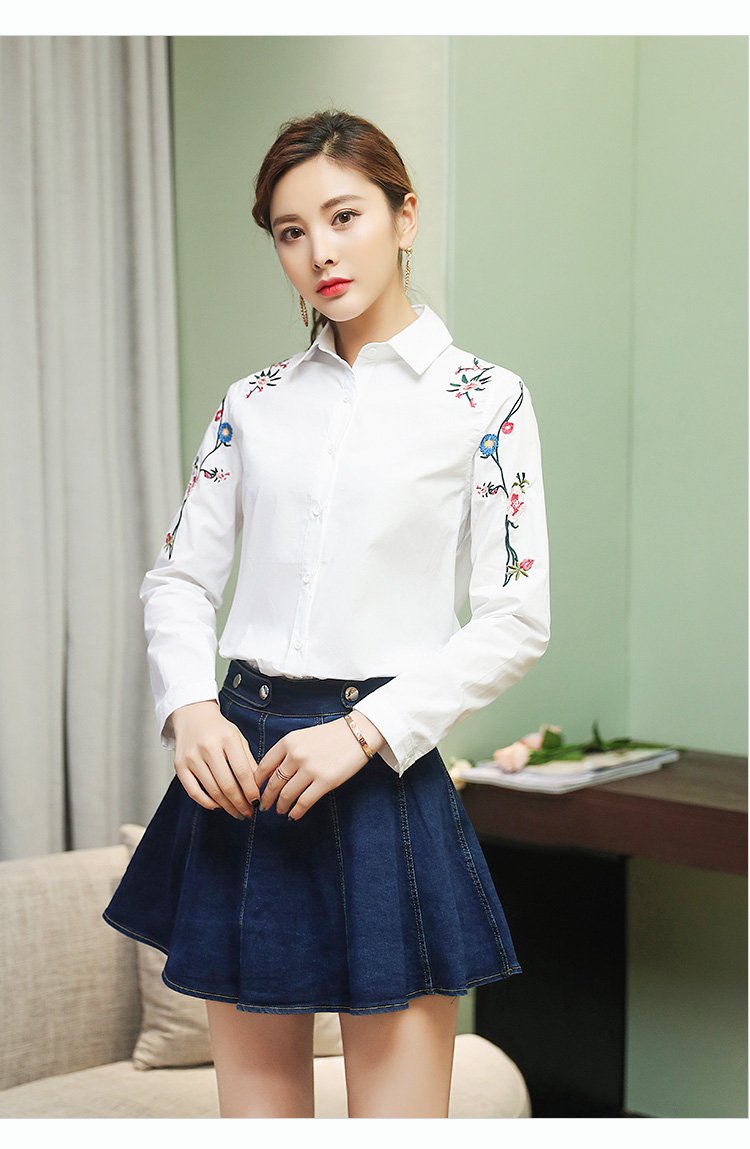 夏季新款休闲小方领刺绣长袖衬衫女