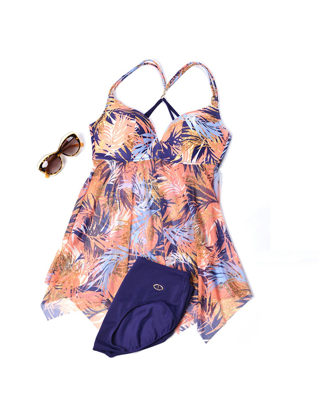 【18年新品】安莉芳深v吊带印花裙式无钢圈聚拢分体泳衣es0893