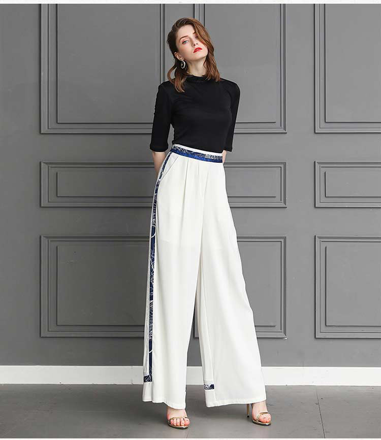 voa桑蚕丝阔腿裤白色自然腰简约通勤ol风显瘦丝绸女真丝长裤