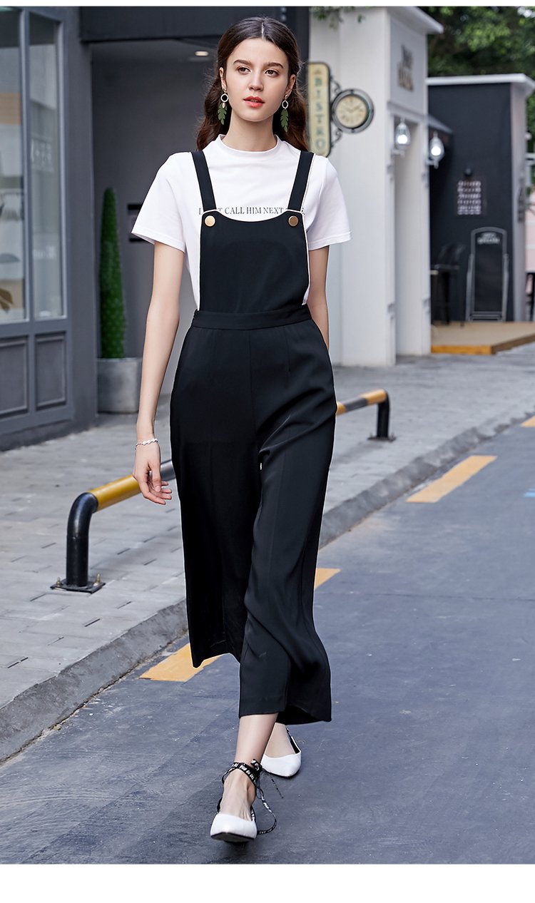 迪图新款女夏高腰宽松背带阔腿九分裤