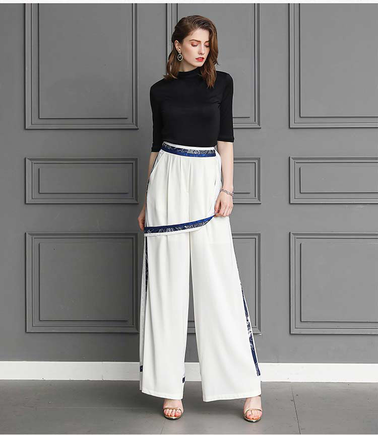 voa桑蚕丝阔腿裤白色自然腰简约通勤ol风显瘦丝绸女真丝长裤