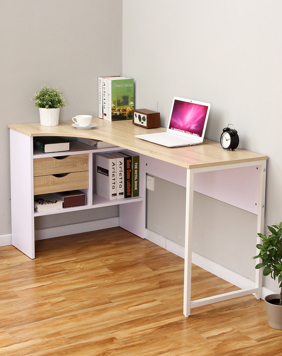 橡木色l型转角带抽屉电脑桌