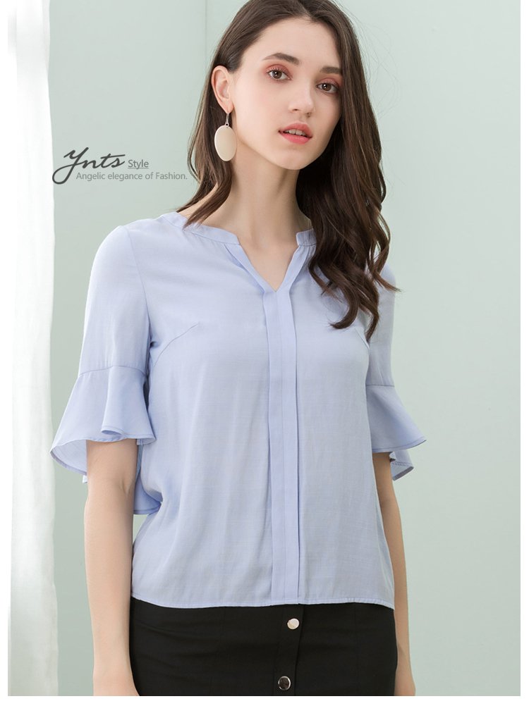 雅奴天使 简约宽松女上衣时尚花边袖v领休闲女士t恤