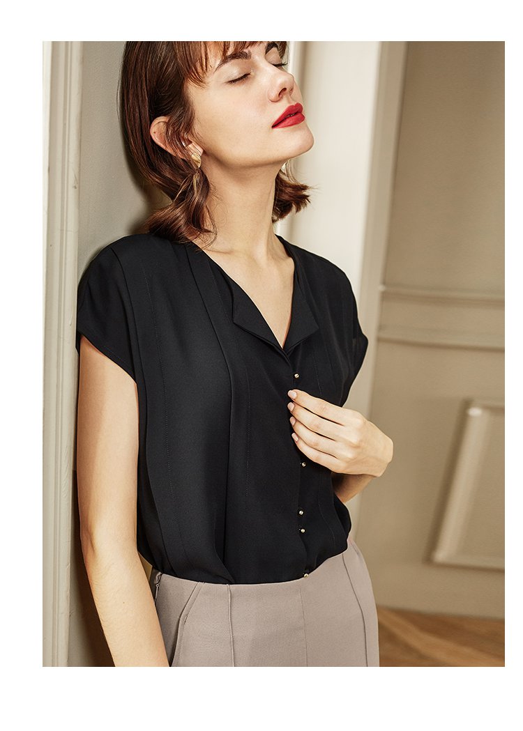 夏装新款 活页设计优雅v领舒适连身袖纯色雪纺衫 女款衬衫