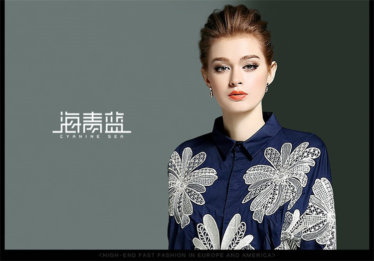 海青蓝2018夏装新款欧美时尚七分袖宽松个性绣花气质衬衣女