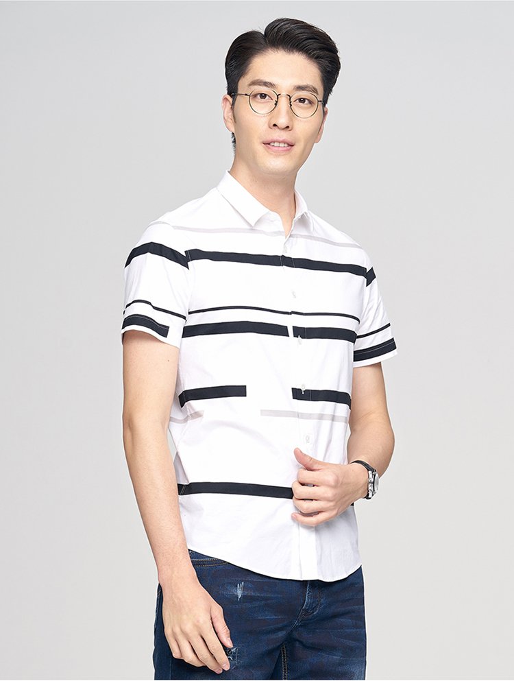 2018夏季新款男款条纹休闲时尚修身短袖男式衬衫