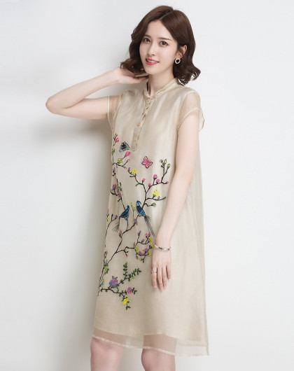 中国风刺绣真丝连衣裙女