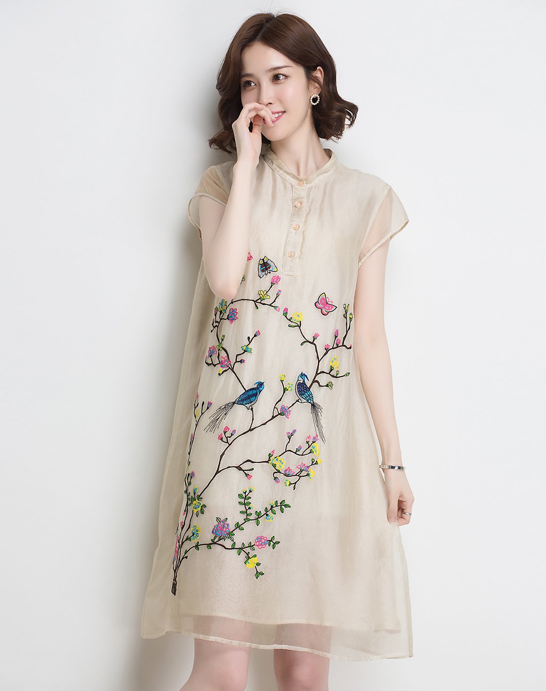 中国风刺绣真丝连衣裙女
