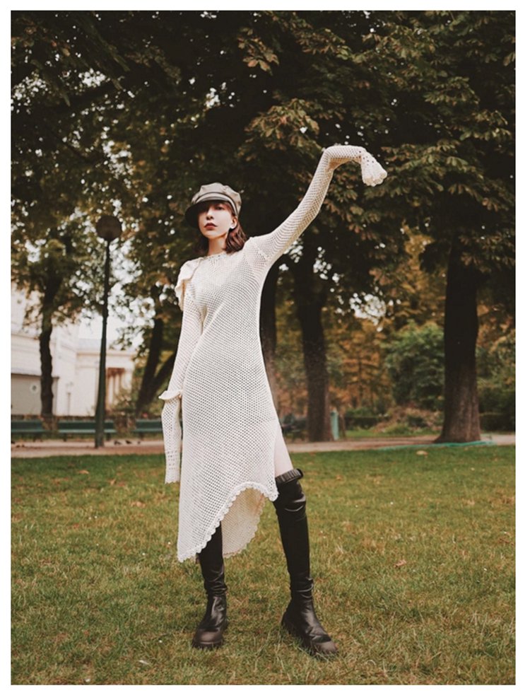 lamps阿水2018流行女装新款针织连衣裙性感露肩网纱裙子白色长裙