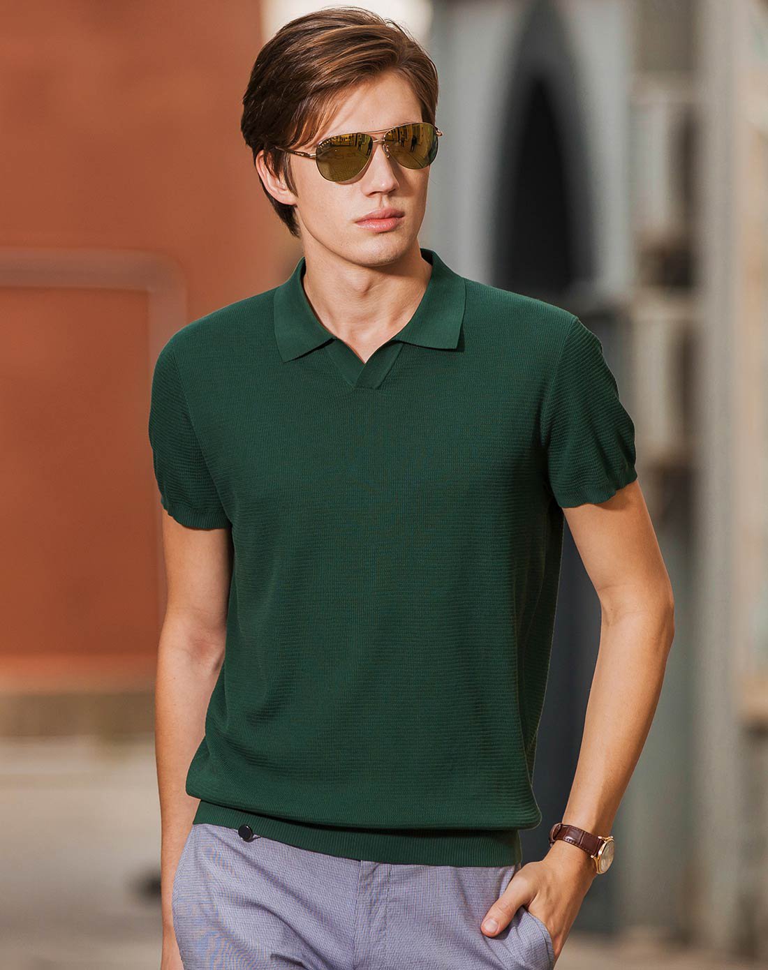 春夏商务男士针织提花翻领t恤