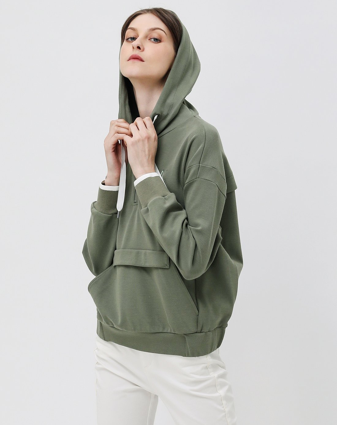 女款苔藓绿连帽拉链卫衣