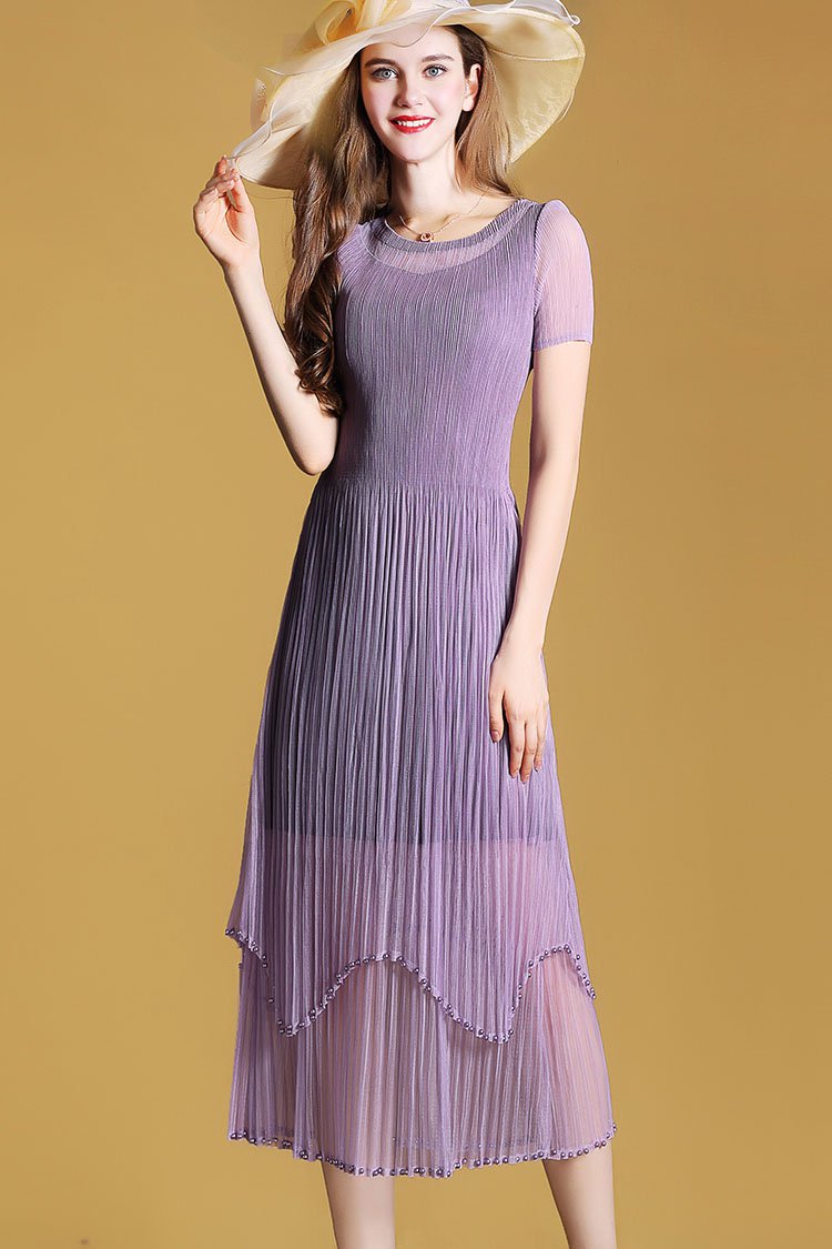 纯色长款褶皱连衣裙