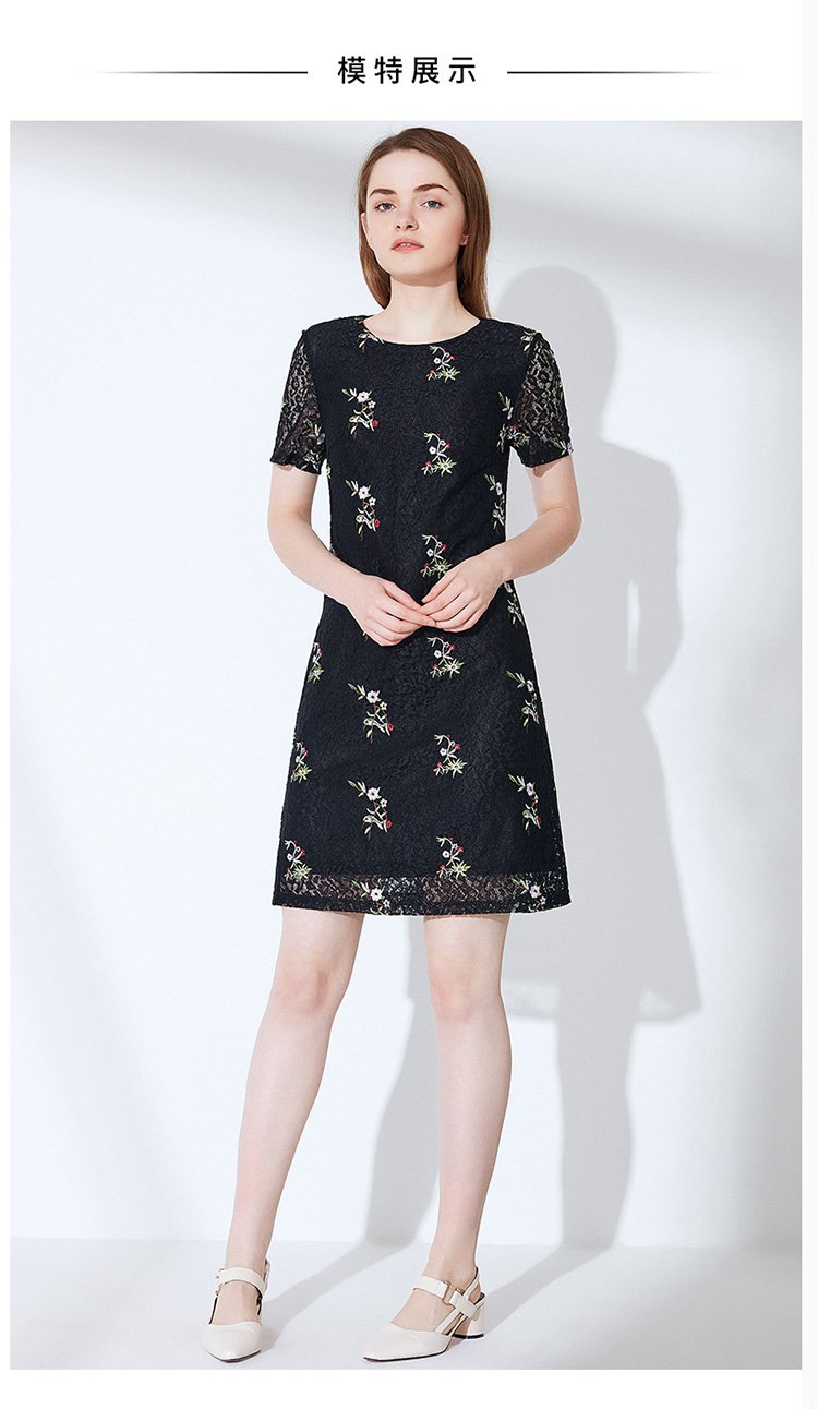 娜尔思品牌女装蕾丝连衣裙夏季新款宽松短袖碎花刺绣气质长裙