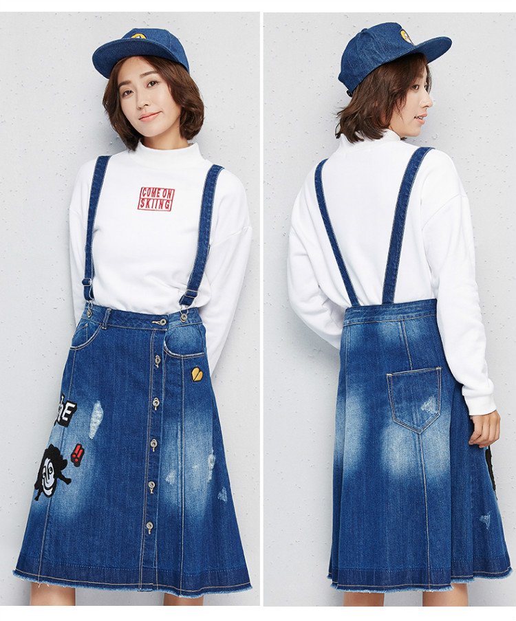 坚持我的 卡通人物字母破洞女士背带半截裙
