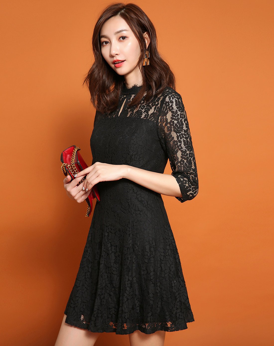 性感连衣裙女秋季新款韩版透视镂空旗袍a字裙蕾丝袖短裙子