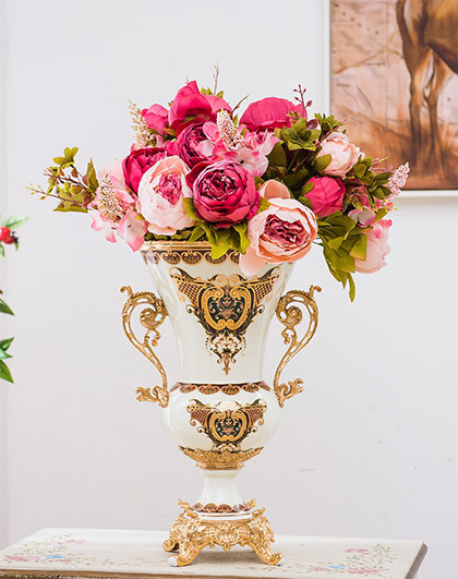 欧式古典陶瓷镶铜双耳大花瓶