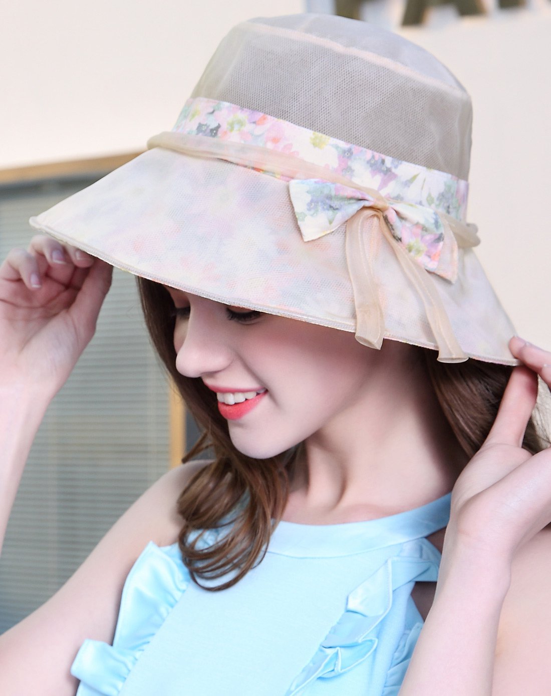 瑞苏薇rasuv雅致碎花蝶结内印花大檐真丝帽子