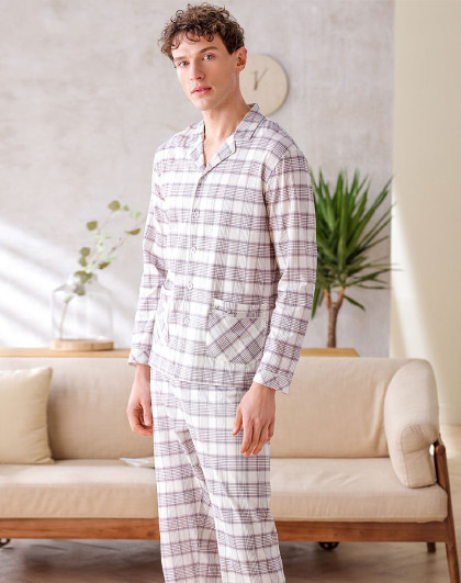 秋鹿男士睡衣针织单面印花国民领男士家居服套装