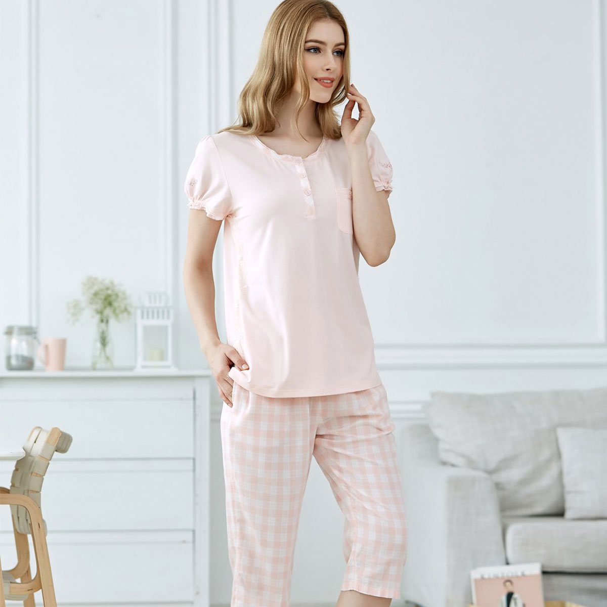 秋鹿睡衣女简约清新棉质短袖七分裤女士家居服套装