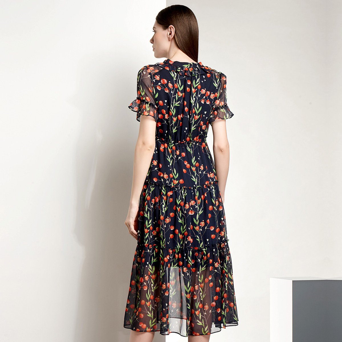 亨奴hono新款女装夏装v领石榴印花雪纺夏季连衣裙夏装女裙子