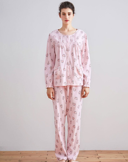 秋鹿舒适开衫睡衣女可爱卡通褶皱女士家居服套装